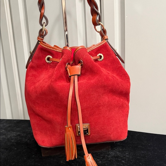 Handbags - Dooney & Bourke Burnt Orange Suede Bucket Bag, Red Interior